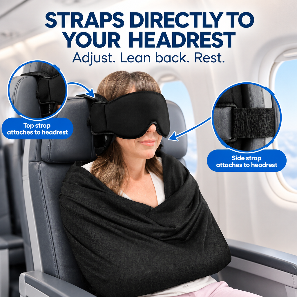How TravelBat attaches to an airplane headrest